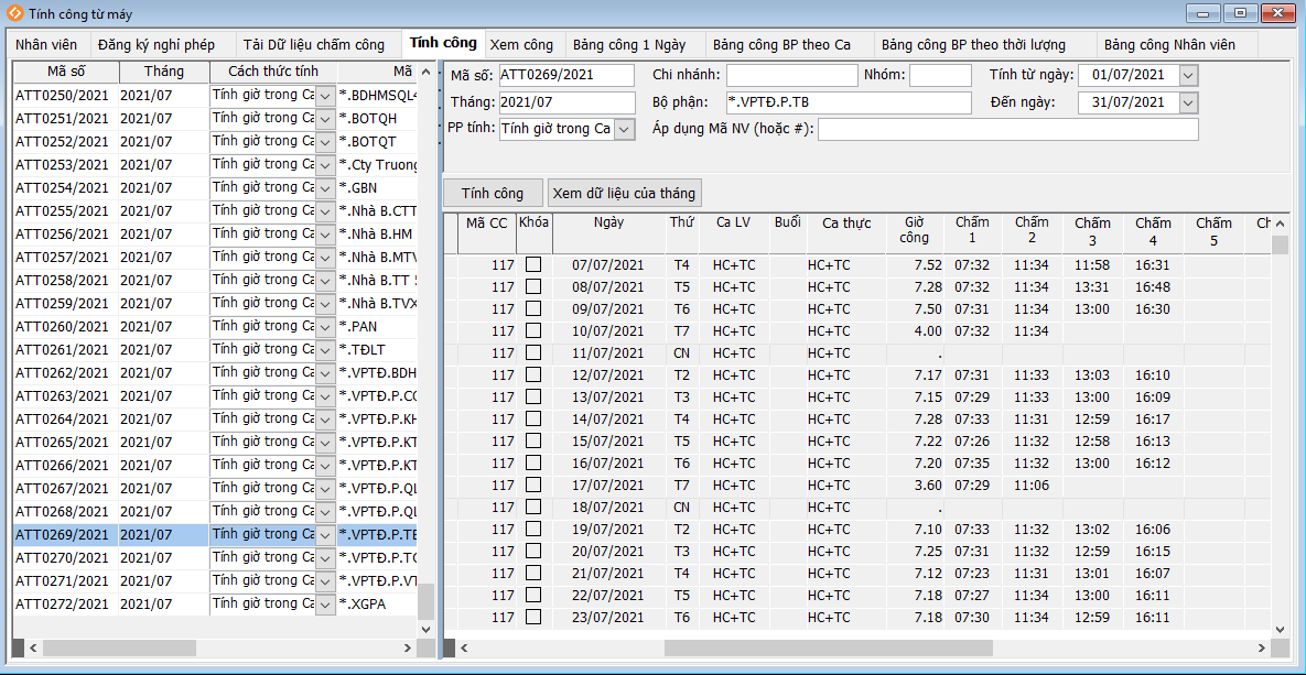 Bảng chấm công chi tiết
