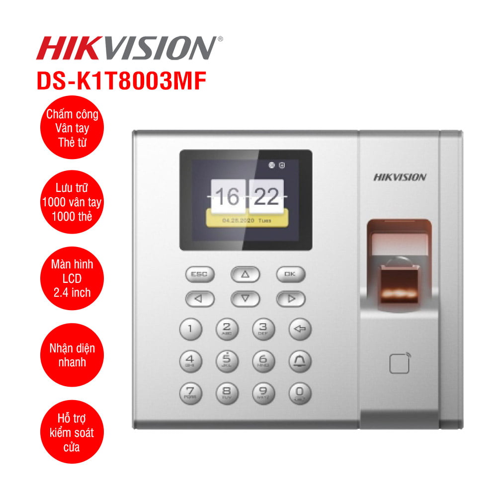 Máy chấm công vân tay HIKVISION DS-K1T8003MF
