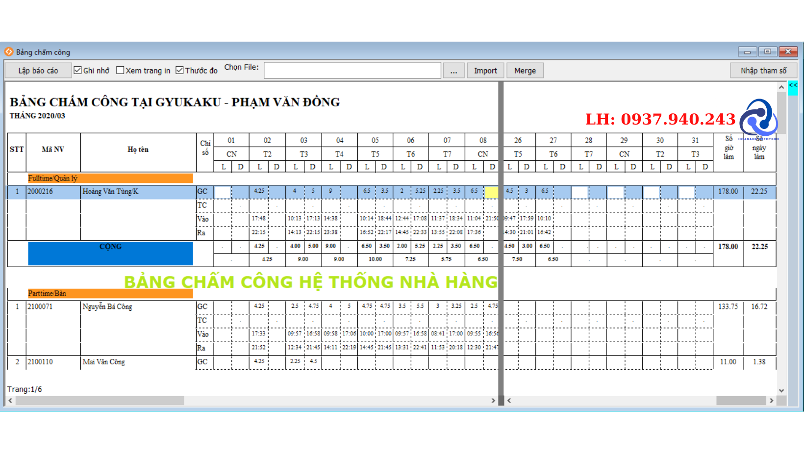 Bảng chấm công Nhà Hàng